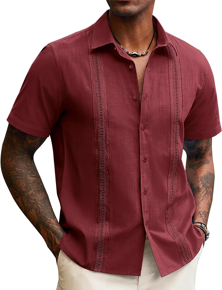 Guayabera Linen Shirts for Men Short Sleeve Button Down Shirt Hawaiian Shirt Cuban Summer Shirts Beach Shirts