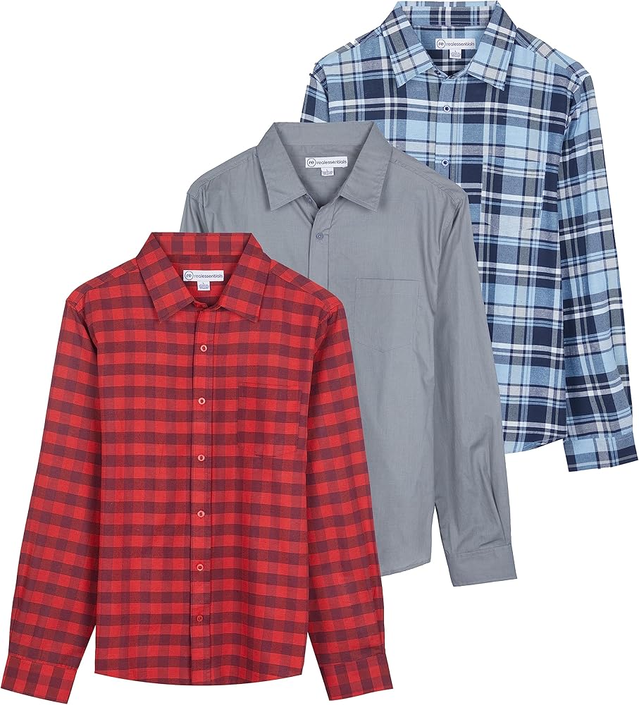 Real Essentials 3 Pack: Men's Regular-Fit Long Sleeve Poplin Button Down Shirt with Pocket (Available in Big & Tall)