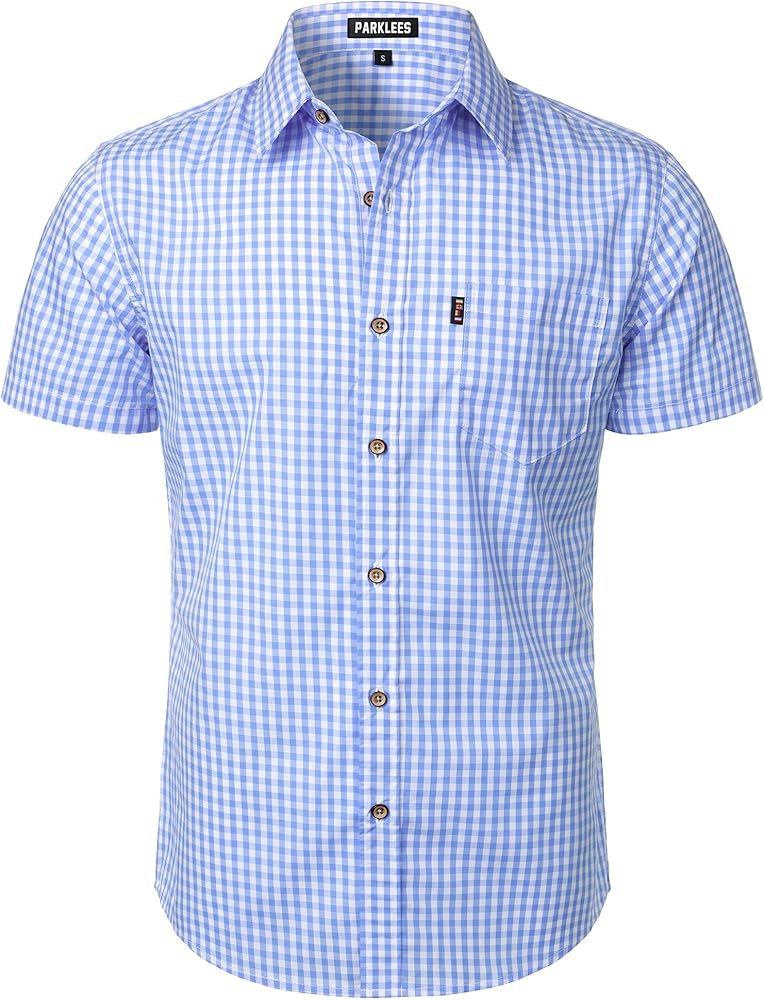 Men's Casual Plaid Button Down Shirt Cotton Short Sleeve Gingham Dress Shirts Regular Fit with Pocket