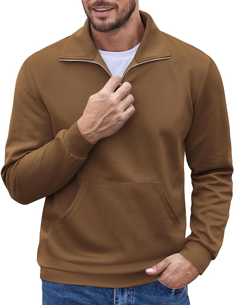 COOFANDY Men's Quarter Zip Up Pullover Long Sleeve Casual Polo Sweatshirt Slim Fit Mock Neck Sweaters with Pocket