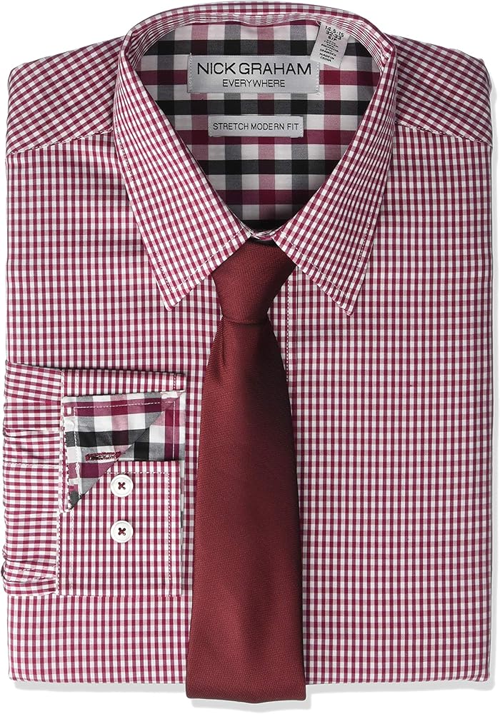 Nick Graham Men's Stretch Modern Fit Gingham Dress Shirt and Solid Tie Set