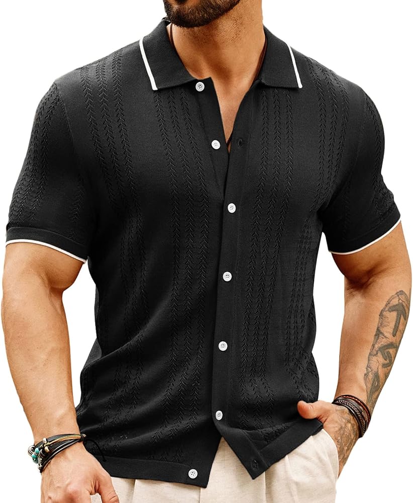 GRACE KARIN Men's Knit Polo Shirt Breathable Hollow Out Casual Button Down Shirts