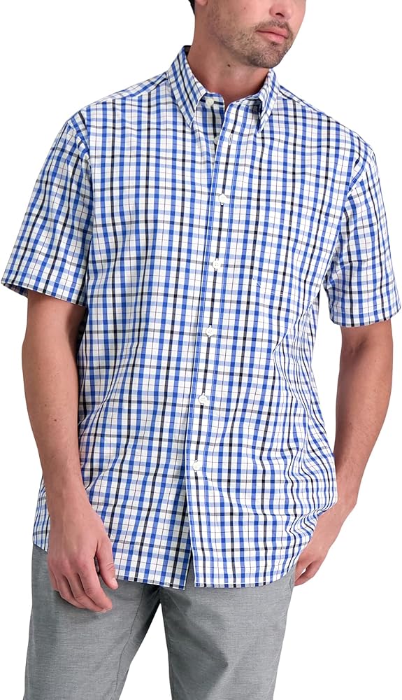 Haggar Men's Short Sleeve Button Down Woven Print Shirts, Blue, Medium