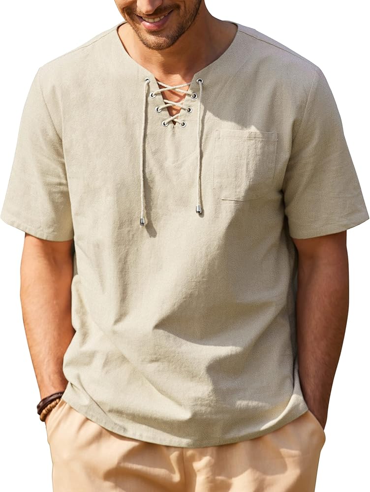 COOFANDY Men Casual Cotton Linen T Shirt Short Sleeve Beach Lace Up Hippie Shirt Yoga Renaissance Tunic