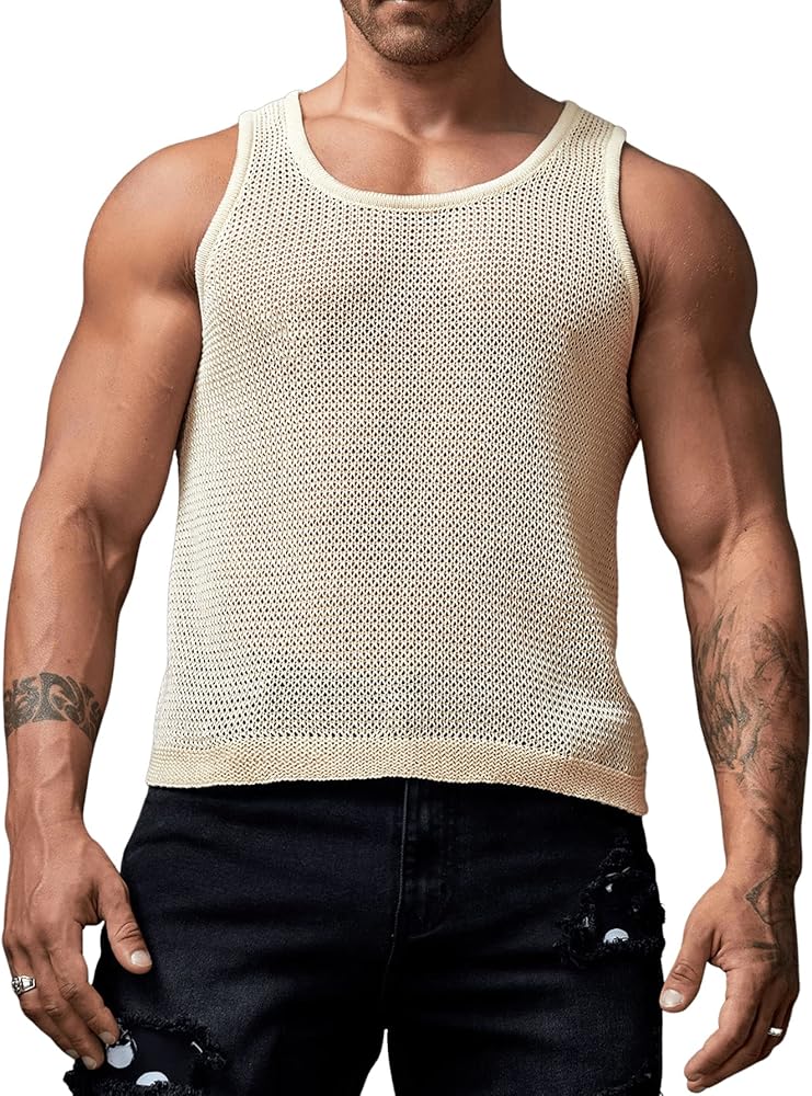 Verdusa Men's Casual Sleeveless Round Neck Sheer Knitted Tank Muscle Top