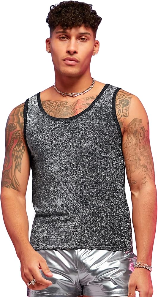 WDIRARA Men's Glitter Sparkly Sleeveles Round Neck Metallic Rave Disco Shiny Party T Shirt Tank Top