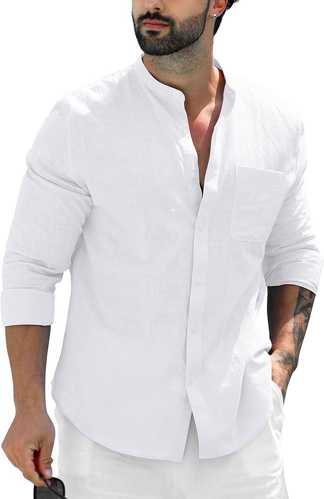 Mens Banded Collar Linen Cotton Summer Beach Button Down Long Sleeve shirts Casual Yoga Tops with Pocket XS-3XL