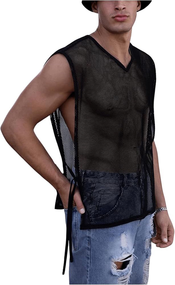 Floerns Men's V Neck See Through Mesh T Shirt Split Tie Side Fishnet Tank Top