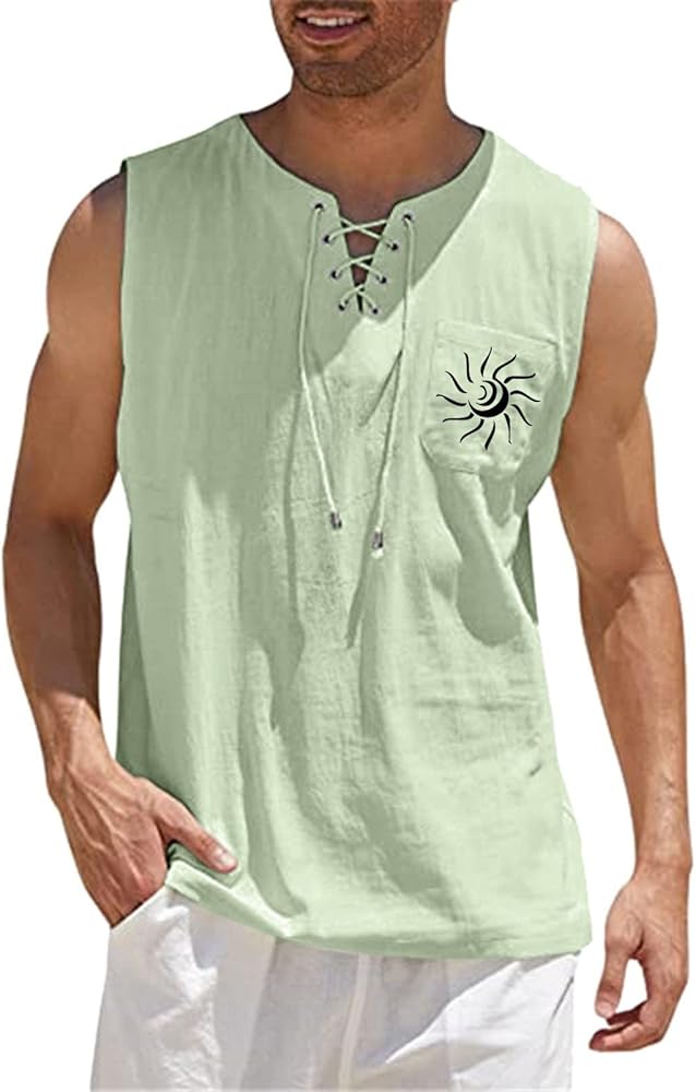 Men's Hippie Sleeveless Shirts Cotton Linen Lace Up Drawstring V-Neck Pocket Print Tank Tops Summer Travel Fitness Vest