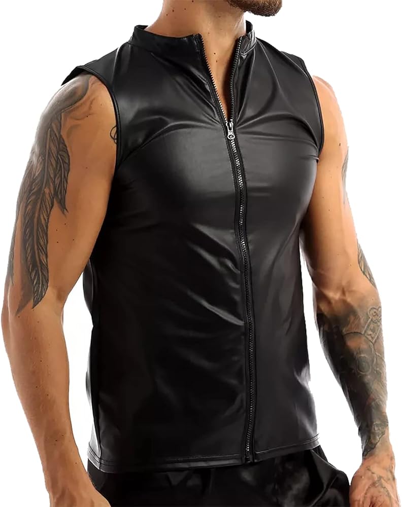 Panegy Men's Black Leather Tshirt Short Sleeve PVC Tunic & Sleeveless Tank Top M-XXL