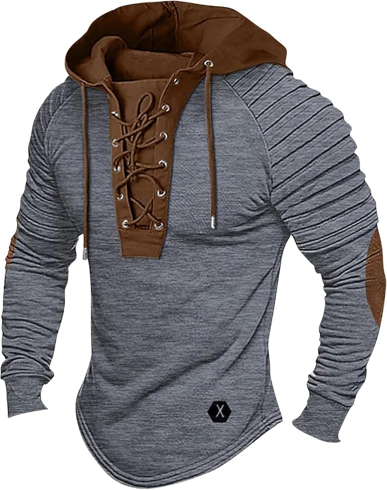 Men's Hoodies Shirt Vintage Medieval Hooded Lace Up Tops Casual Long Pleated Sleeve Patchwork Tops