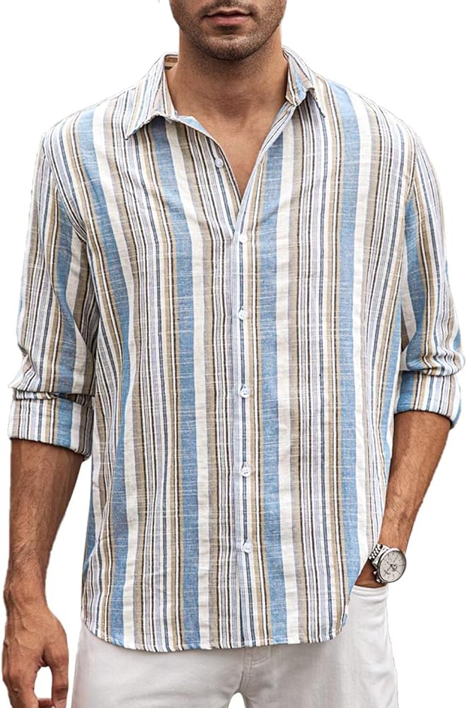 Mens Linen Button-Down Shirts Casual Striped Long Sleeve Summer Beach Shirt