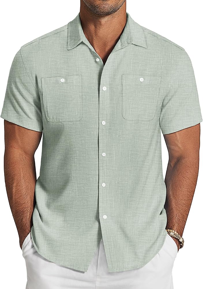 COOFANDY Men's Linen Shirt Beach Summer Short Sleeve Button Down Casual Shirts