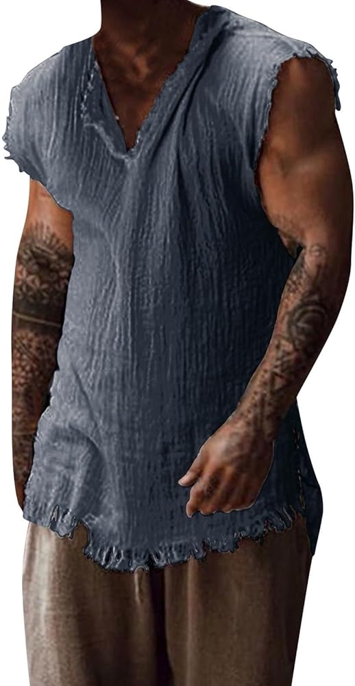 Mens 2024 Fashion Casual Vest Distressed Ripped Raw Hem Loose Tank Tops Summer Outdoor Cool Tropical Beach Sleeveless T-Shirt