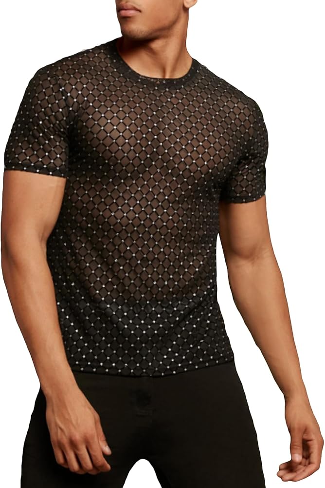 Verdusa Men's Sheer Mesh Short Sleeve T Shirt See Through Round Neck Tee Top