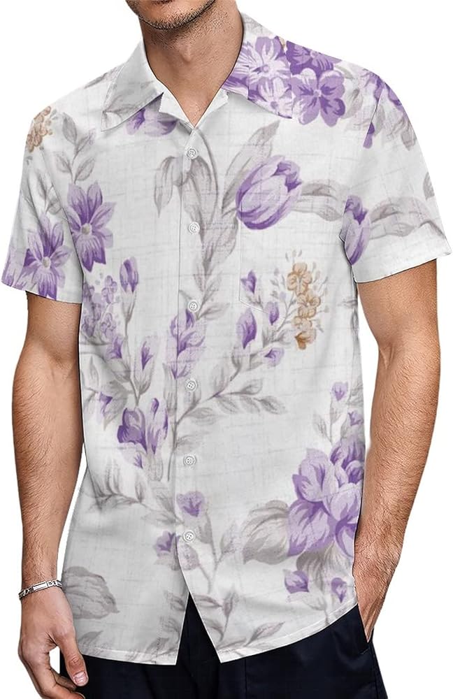 Lavender Purple Floral Print Men's Short Sleeve Shirt Casual Loose Button Down Shirts for Work Beach Vacation