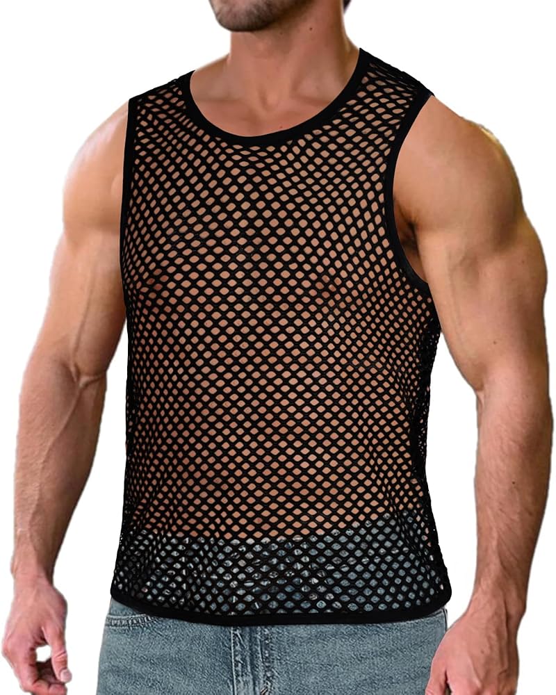 Men's Mesh Fishnet Muscle Top See Through Shirts Fitted Crew Neck Tee Clubwear