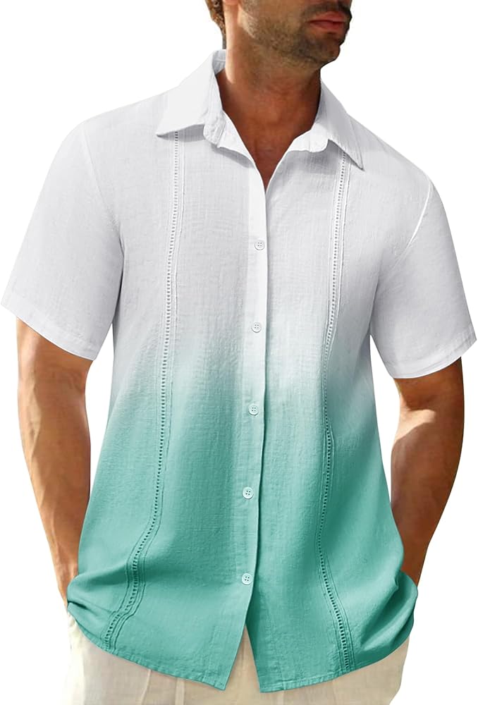 Mens Gradient Cuban Shirts Button Down Short Sleeve Casual Beach Summer Shirt 2024 M-3XL