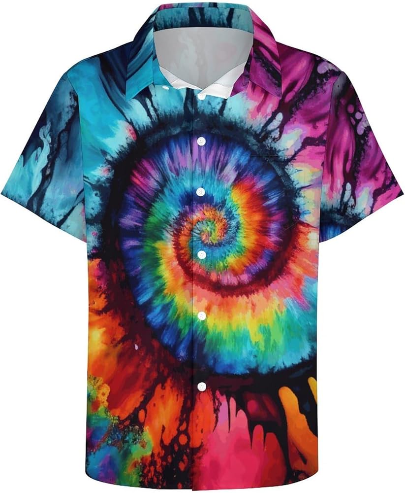 Hawaiian Tie Dye Style Shirts for Men Rainbow Print Button Down Shirt Short Sleeve