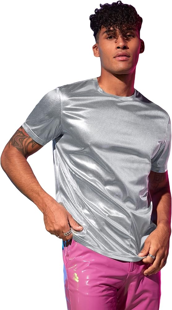 WDIRARA Men's Metallic Round Neck Short Sleeve Tee Party T Shirt Top