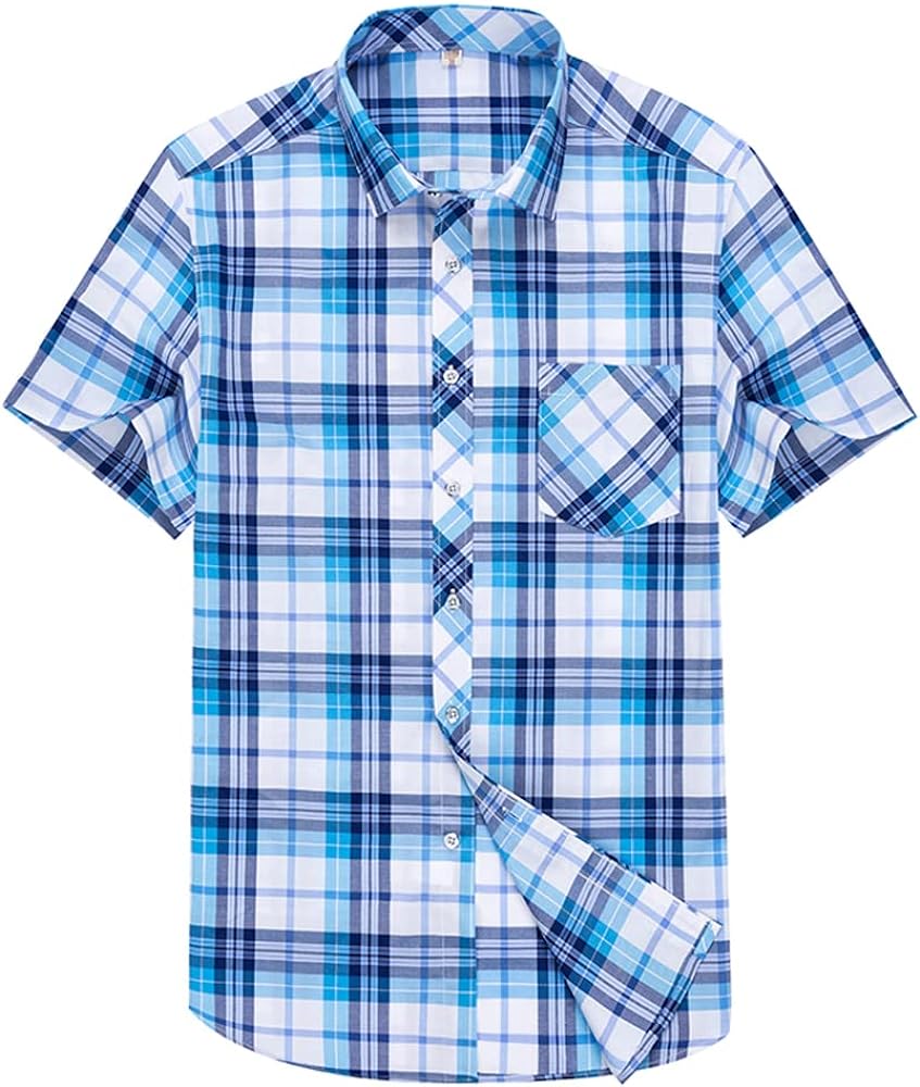 Men's Short Sleeve Pocket Plaid Shirts Button Down Thin Leisure Shirts Cotton Plaid Shirts for Men