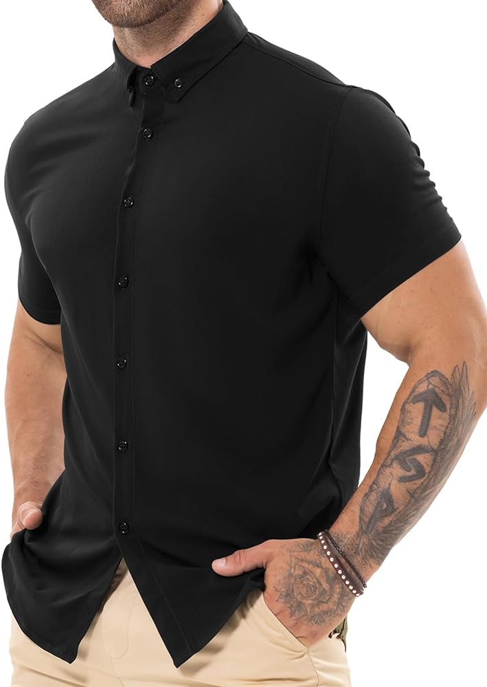 Askdeer Men's Muscle Fit Shirts Wrinkle-Free Short Sleeve Casual Shirt Stretch Slim Button Down Shirt