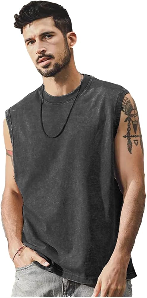 Men's Cotton Muscle Tank Tops Wash Solid Vintage Sleeveless T Shirts Crew Neck Heavyweight Casual Tank Shirts