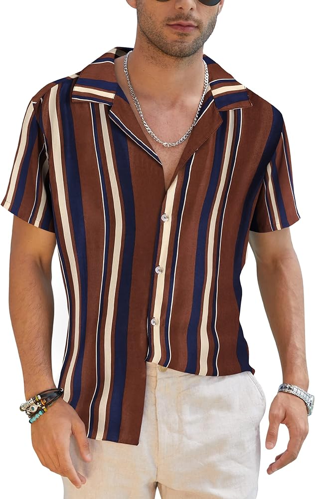 COOFANDY Mens Hawaiian Shirts Short Sleeve Striped Shirt Button Down Summer Beach Shirts