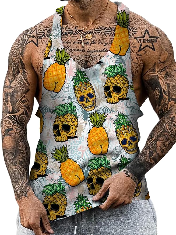 Sleeveless Printed Shirts for Men Summer Tank Shirts Casual Round Neck Tank Top