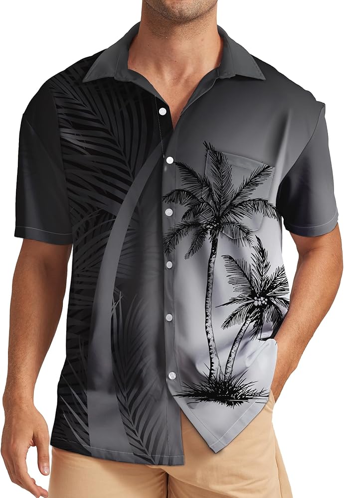 Mens Hawaiian Shirts Short Sleeve Printed Casual Button Down Tropical Beach Shirt with Pocket