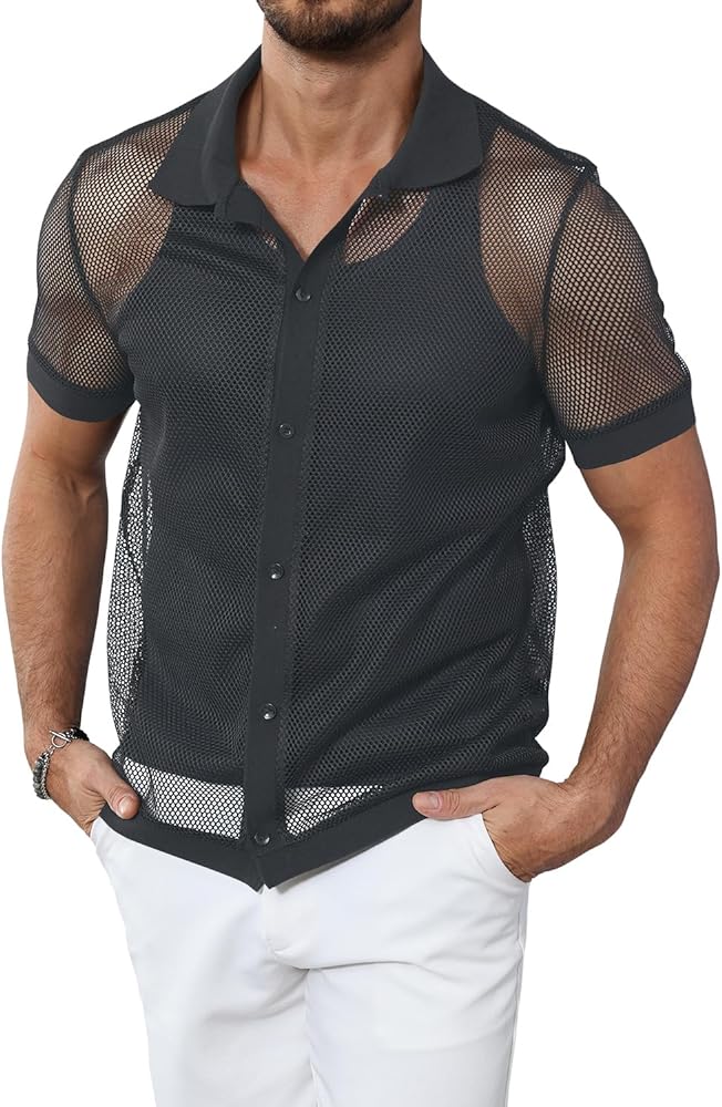 Mens Mesh Casual Button Down Shirts Short Sleeve See Through Fishnet Beach Summer Shirts for Men