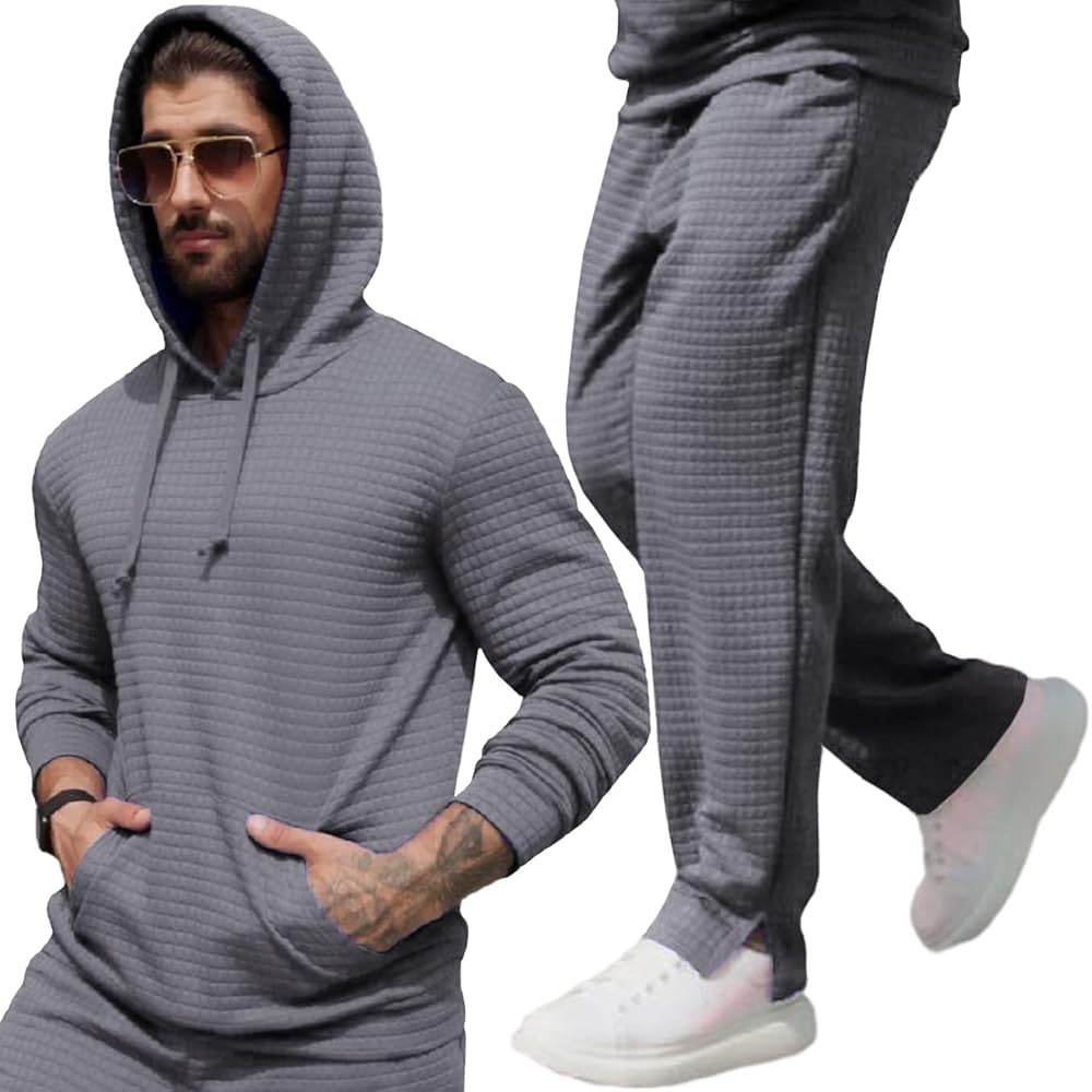 Mens Sweatsuits Sets 2 Piece Outfits Hooded Athletic Tracksuit Regular Fit Plaid Jacquard Jogging Suit Set