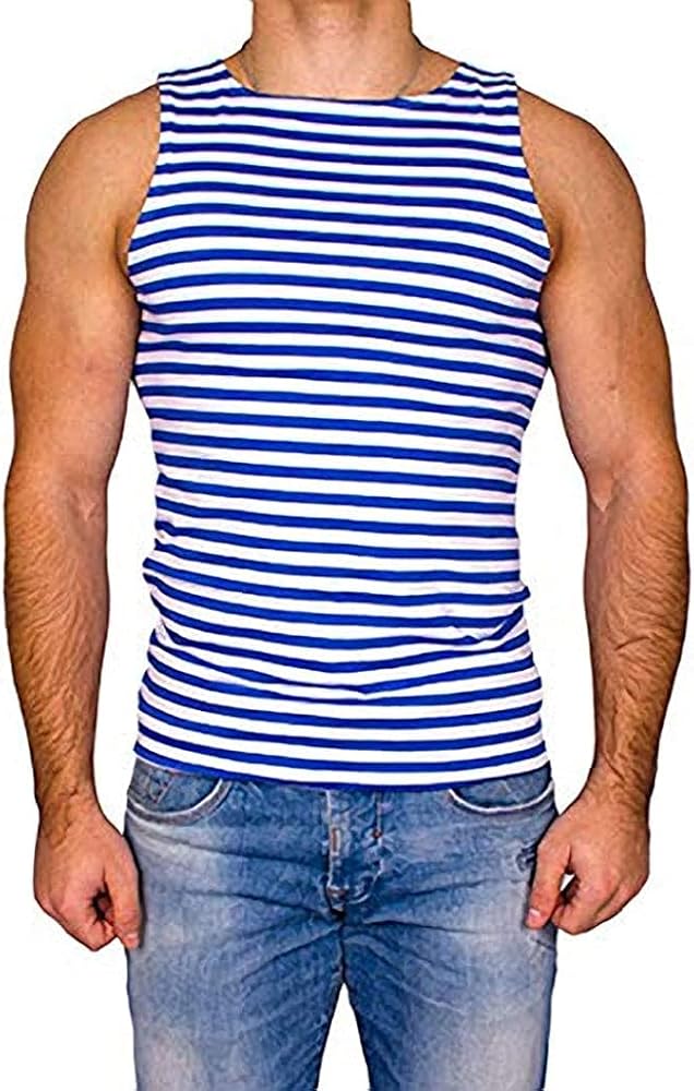 Genuine Striped Tank Top Sleeveless Shirt Light Blue Cotton Original Telnyashka Тельняшка