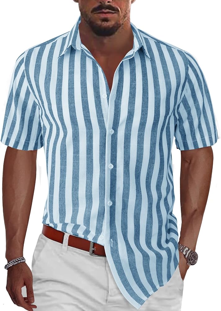 Men Casual Plaid Stripe Button Down Shirt Short Sleeve Button up Summer Vacation Beach Shirts