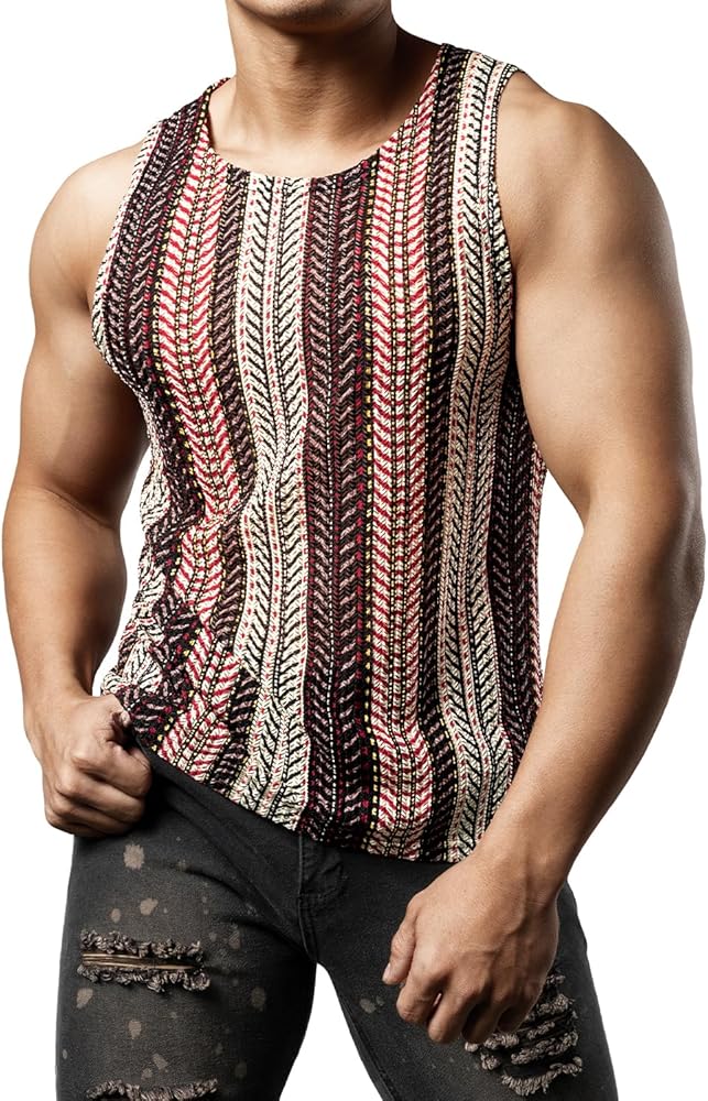 JOGAL Mens Boho Summer Tank Top Sleeveless Muscle Mesh Shirt