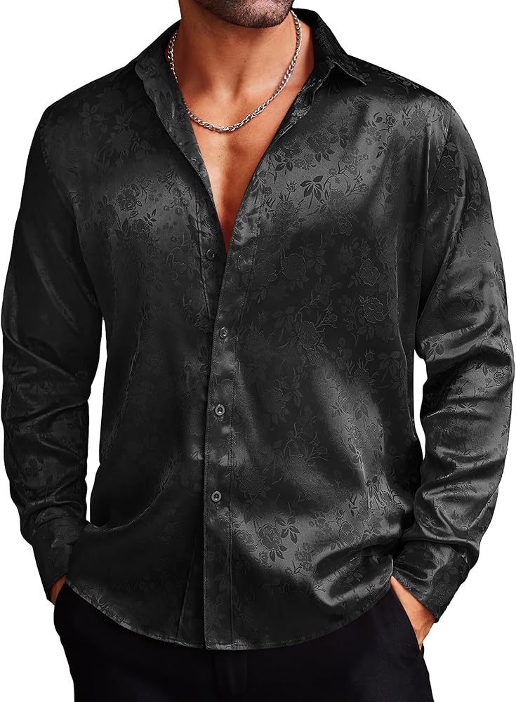 COOFANDY Men's Silk Satin Dress Shirts Jacquard Long Sleeve Floral Button Up Shirts Party Prom Wedding Shirt