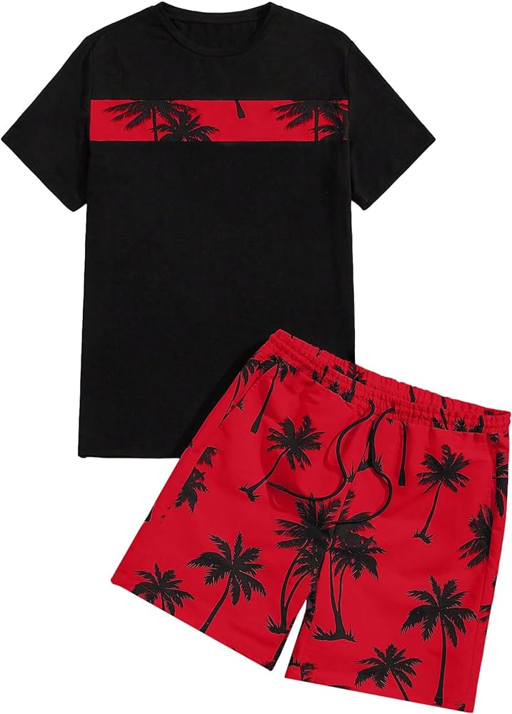 SOLY HUX Men's 2 Piece Outfits Letter Graphic Print Short Sleeve Tee and Drawstring Waist Shorts Set