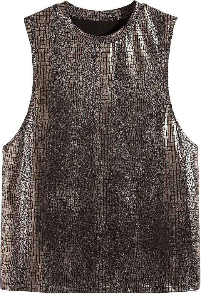 WDIRARA Men's Metallic Tank Top T Shirt Sleeveless Round Neck Club Party Top