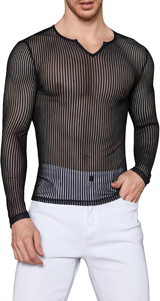 WDIRARA Men's Sheer Mesh See Through Notched V Neck Long Sleeve T Shirt Party Tops