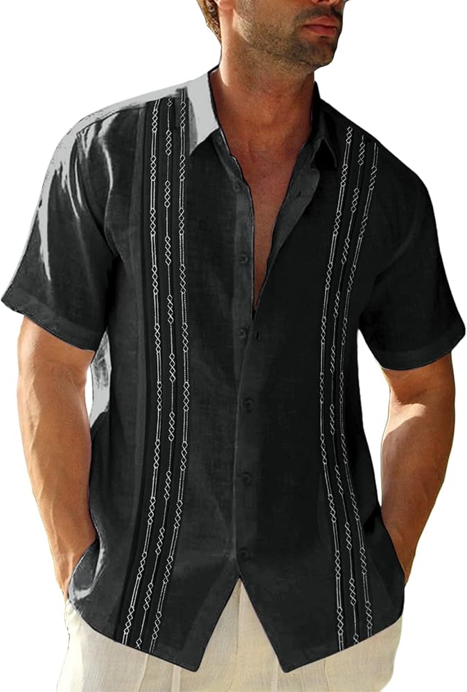 Mens Short Sleeve Guayabera Shirts Linen Cotton Button Down Mexican Embroidered Cuban Wedding Shirt Summer Tops