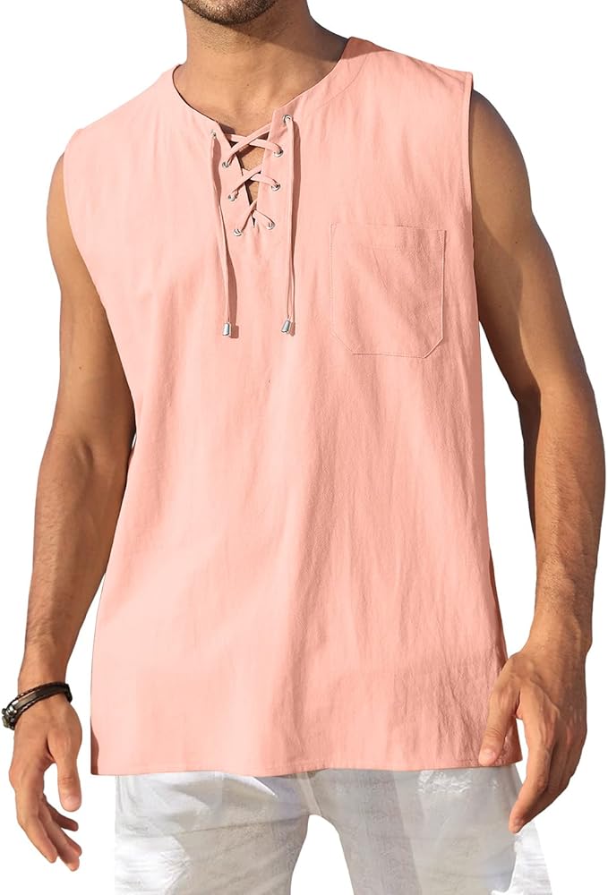 KUYIGO Men's Fashion Beach Sleeveless Shirts Hippie Tank Top Linen Viking Tunic for Summer