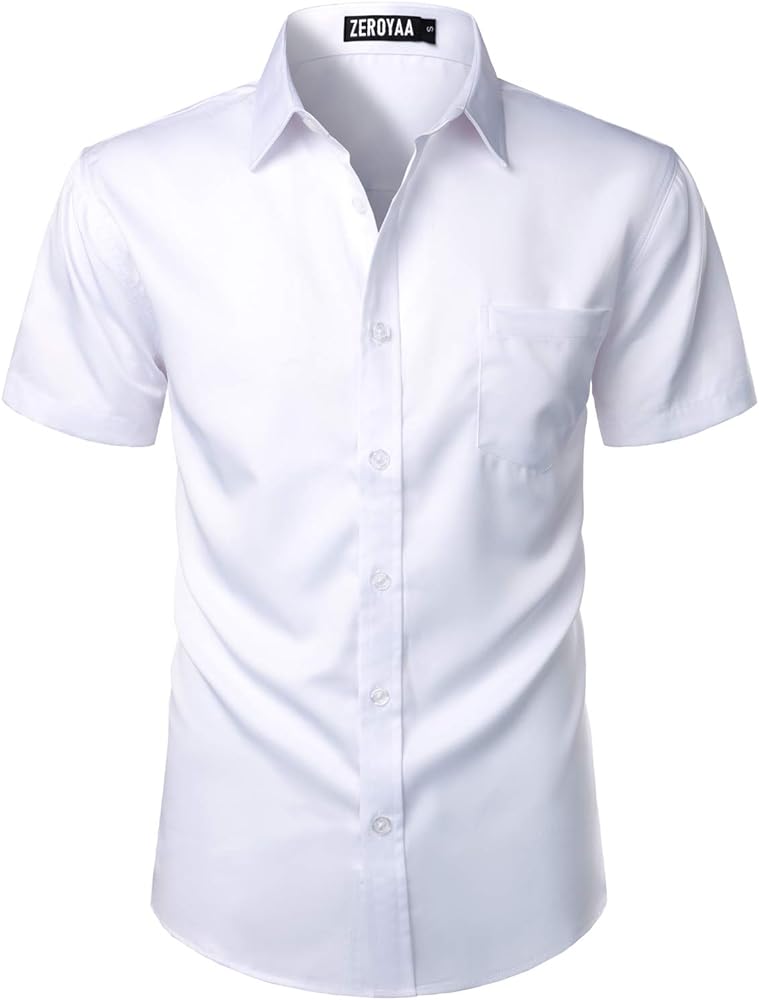 ZEROYAA Men's Casual Urban Stylish Slim Fit Short Sleeve Button Up Dress Shirt with Pocket