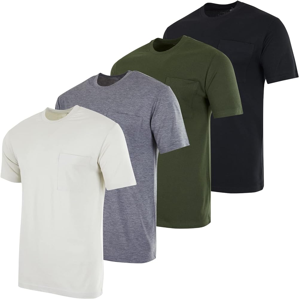 Real Essentials 4 Pack: Men's Cotton Performance Short Sleeve Crew Neck Pocket T-Shirt Athletic Top (Available in Big & Tall)