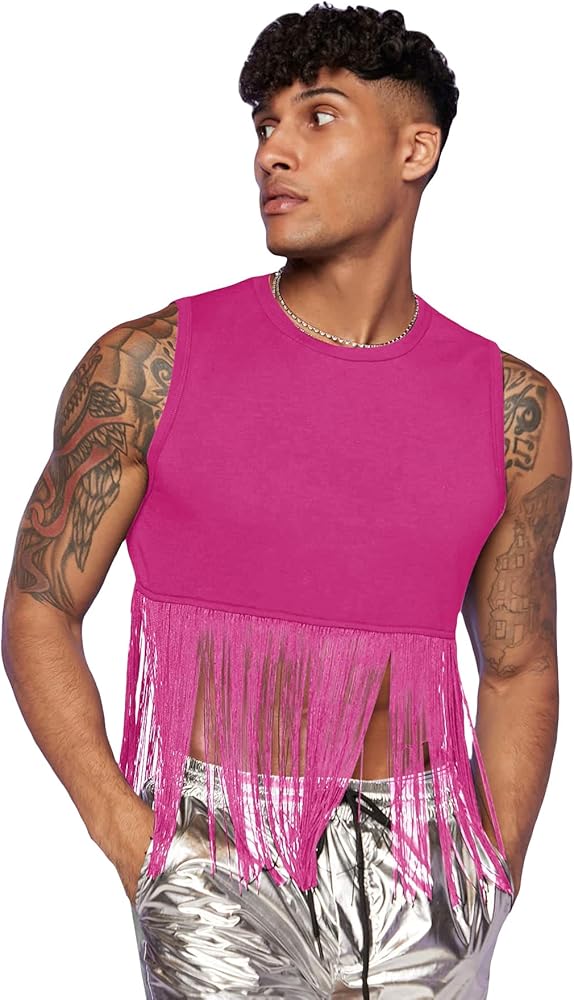 WDIRARA Men's Fringe Hem Round Neck Sleeveless Slim Fit Solid Tank Top