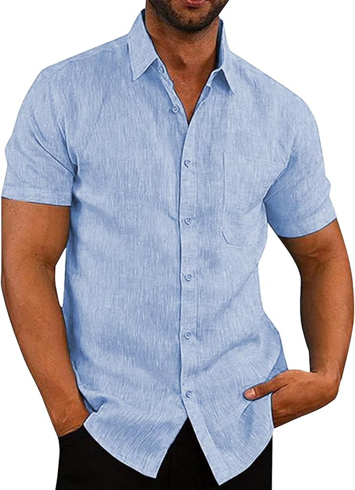 Men's Linen Shirts Button Down Casual Shirts Short Sleeve Beach Summer Tops with Pocket