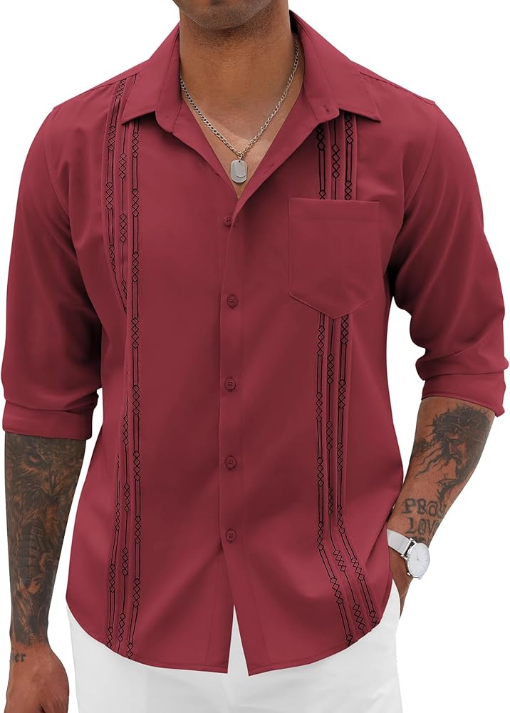 COOFANDY Men's Cuban Guayabera Shirts Casual Button Down Long Sleeve Summer Beach Shirt