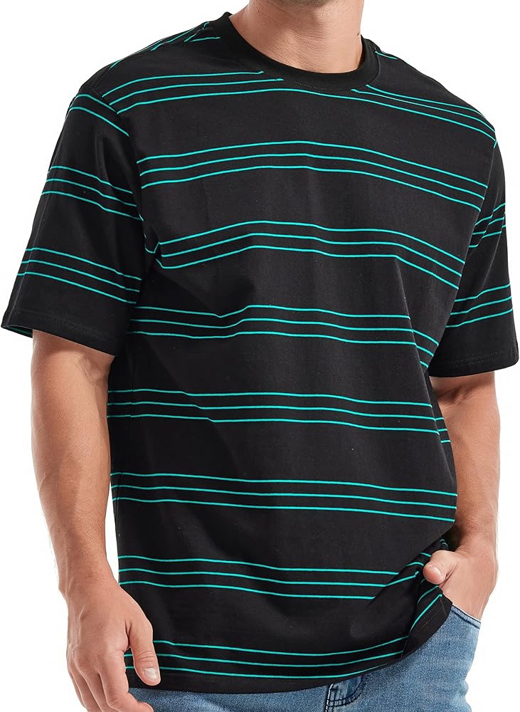 KLIEGOU Men's Fashion Loose Fit Crewneck Stripe T-Shirt