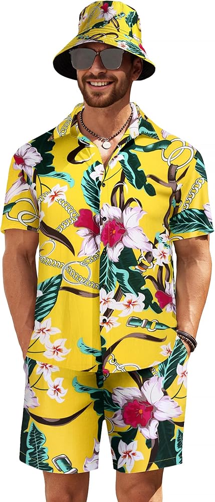 COOFANDY Men's Hawaiian Shirt and Short Set Flower 2-pieces Beach Outfit with Bucket Hats