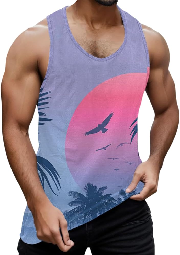 Men's Summer Tank Tops T-Shirts Hawaiian Tropical Printed Sleeveless Shirts Fitted Muscle Top Sport Tee Shirt