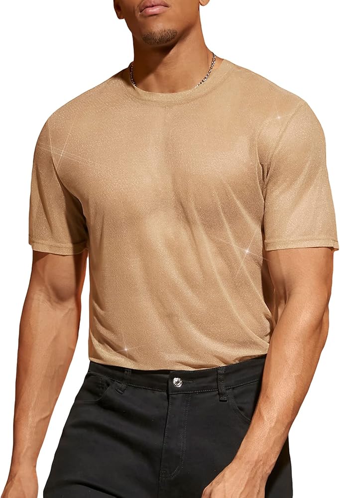 WDIRARA Men's Floral Print See Through Round Neck Short Sleeve Mesh Tshirt Party Top